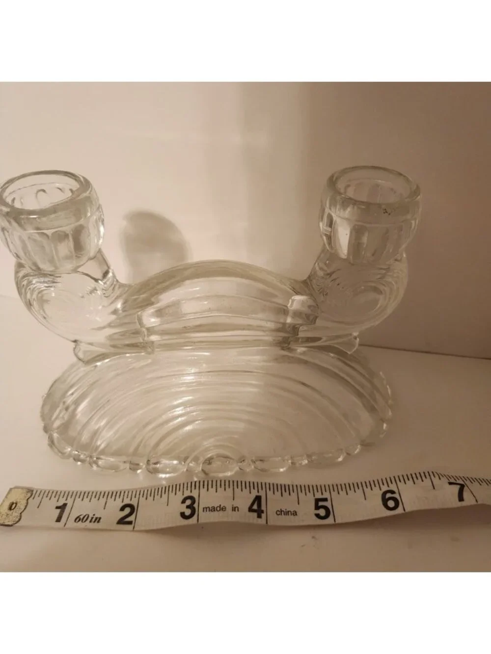 Vintage Art Deco Clear‎ Glass Double Taper Candle Holder Ribbed Fan Base 1940